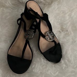 Tory Burch Black Suede Sandals / Crystal Logo 10.5